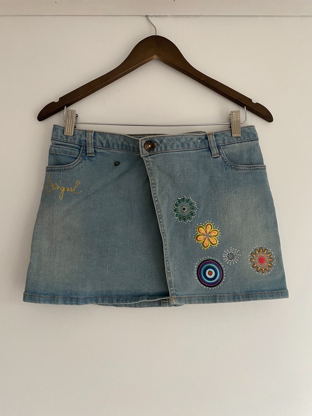 Desigual Light Blue Denim Mini Skirt with Colorful Embellishments
